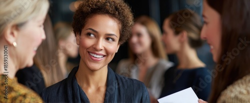 ladies swapping business cards and chatting at a networking meet-up