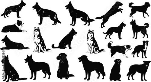 Detailed Black and White Vector Illustration Set Featuring Various Canine Breed Silhouettes Active Poses and Distinctive Breed Profiles