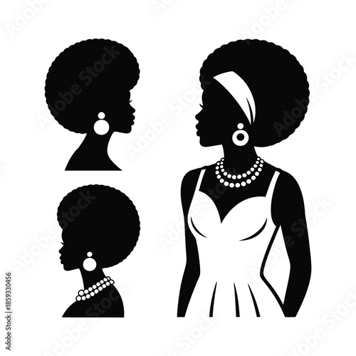 Silhouettes of women with natural hair and jewelry