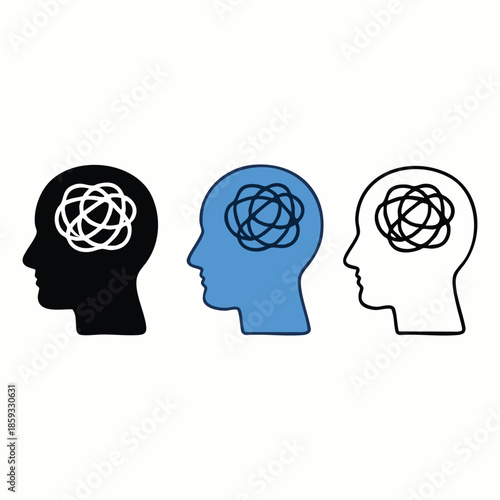 Mental Health Icon Set Showing Anxiety and Confusion Human Head with Tangled Scribble Line in Stigma Solid  Flat and Outline Styles Vector Illustration