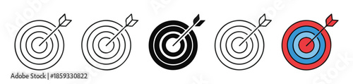 Set of five target icons with arrow hitting bulls eye representing goal achievement success strategy outline solid and color version