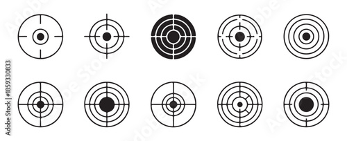 Ten vector target crosshair and bullseye icons collection depicting accurate aiming precision and business goals achievement