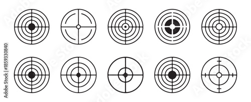Vector set of ten target and crosshair icons illustrating objective focus accuracy and success in different styles