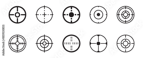 Collection of different aiming crosshair sights and target icons illustrating accuracy focus and precision competition concept