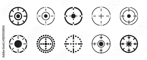 Various abstract target icons and crosshair designs representing focus accuracy aim and precision shooting competition concepts