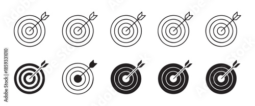 Five varying outline target icons featuring arrow impact in distinct linear styles for web presentation graphics