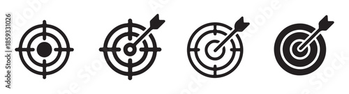 Four different target designs in solid black showing accuracy concept with arrows centered perfectly on rings