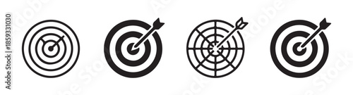Outline dartboard with crosshair center and arrow designs showing different levels of aiming accuracy progress