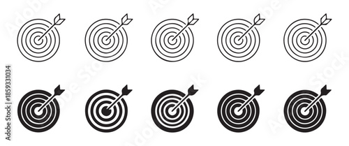 Outline and filled target icons with arrow hitting bullseye in different styles for business concepts
