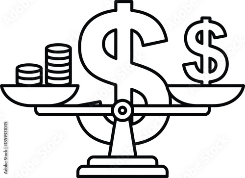 Financial balance illustrated by a scale weighing money symbols and stacked coins on a white background