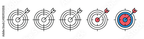 Thin line target icons set including colorful bullseye versions for digital marketing strategy and aiming successful
