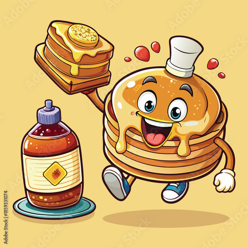 Happy Pancake Day Cute Cartoon Character with Syrup Vector