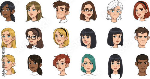 Vector Illustration Set Featuring Diverse Human Avatar Portraits with Varied Hairstyles Skin Tones and Facial Expressions for Digital Profiles