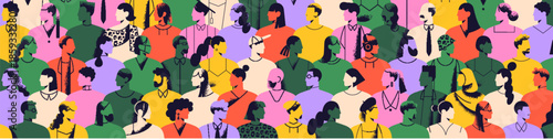 Abstract colourful crowd banner. Many profiles of diverse people. Silhouettes of men and women of different nationalities. Multiethnic group, international society background. Flat vector illustration