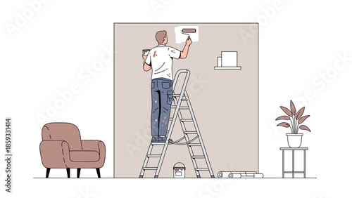 Man standing on a stepladder painting a wall with a roller, with a chair and a potted plant nearby in a room, illustrating home renovation work.
