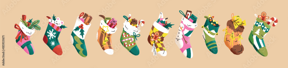 Naklejka premium Set of Christmas socks with Santa Claus gifts. Hanging Xmas stockings with ornaments, candies, toys and giftboxes. Winter holiday decoration with presents. Flat isolated vector illustrations