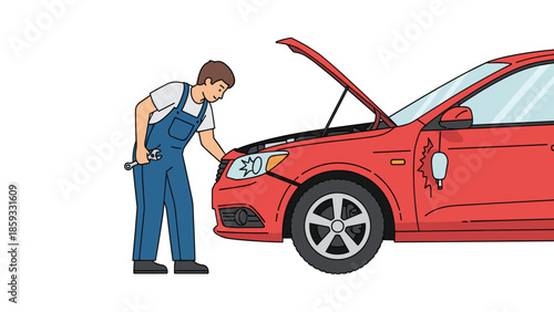 Mechanic in blue overalls holding a wrench, carefully inspecting the engine of a red car with its hood open, showcasing auto repair and maintenance.