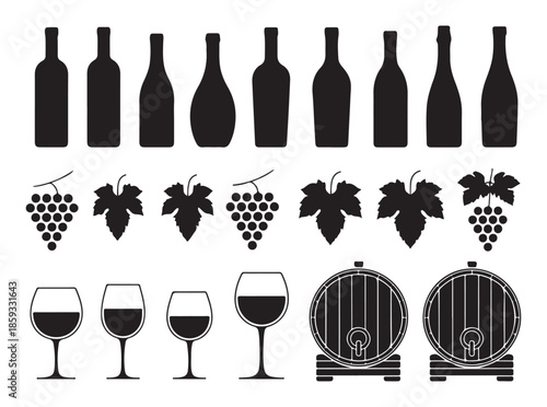 Collection of various wine bottles grapes wine glasses and wooden barrels icons set on white background