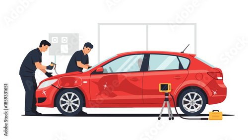 Two mechanics working on a red car in a workshop, carefully polishing and repairing the vehicle body for restoration or detailing.