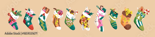 Set of Christmas socks with Santa Claus gifts. Hanging Xmas stockings with ornaments, candies, toys and giftboxes. Winter holiday decoration with presents. Flat isolated vector illustrations