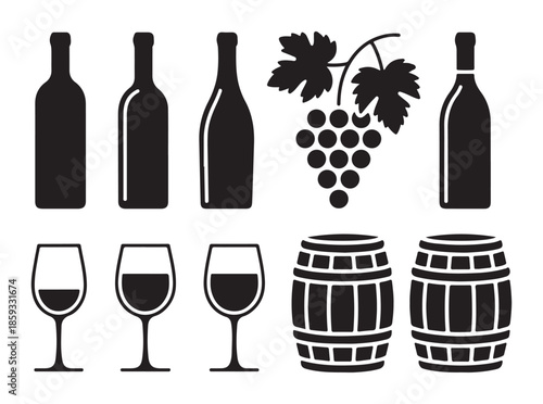 Selection of three wine bottles one grape bunch three wine glasses and two wooden barrels graphics