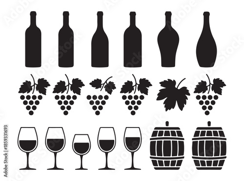 Six different wine bottles bunches of grapes and various wine glasses with wooden barrels illustration