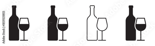 Wine bottle and wine glass in silhouette and outline for creative beverage design elements