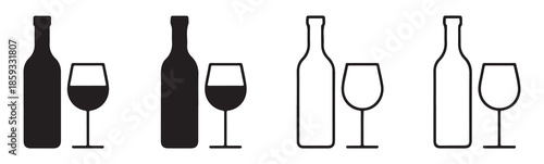 Set of wine bottles with wine glasses in silhouette and outline for creative design
