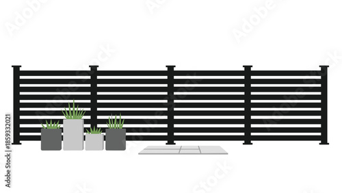 Modern black horizontal slat fence design with potted green plants and paving stones, perfect for garden landscaping or privacy.