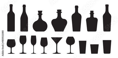 Assortment of liquor bottles and various drinkware silhouettes including cocktail glasses and tumblers