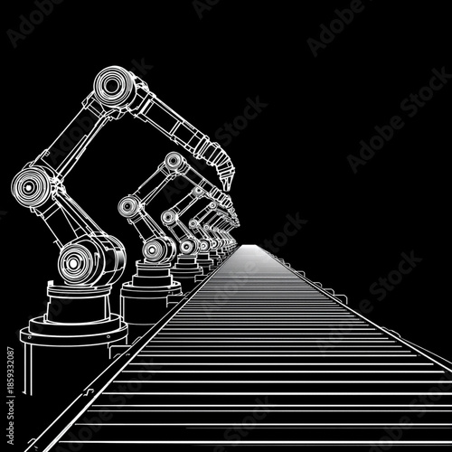 Automated Production Line: Futuristic robotic arms march in unison along an automated production line, a testament to technological advancement and industrial automation.