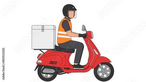 Delivery driver in a safety vest and helmet riding a red moped with a delivery box, representing fast urban food or package delivery.