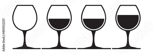 Set of wine glass icons isolated on white background depicting varying levels of red wine or liquid inside