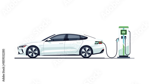 Sleek white electric car charging at a modern green charging station, symbolizing eco-friendly transportation and sustainable energy future.