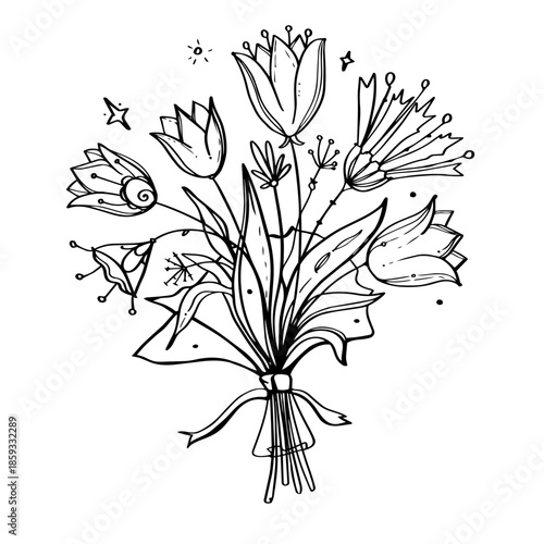 Vector black lines bouquet of tulips - doodle for greeting card.