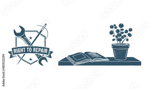 Right to repair emblem and a potted plant with a book on a shelf