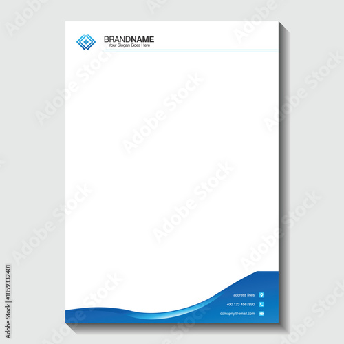 Modern business letterhead with blue wave design and placeholder text