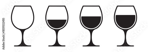 Set of wine glass icons isolated on white background depicting varying levels of red wine or liquid inside