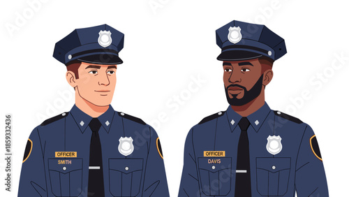 Two male police officers, one Caucasian and one African American, standing in uniform, symbolizing diversity and professionalism in law enforcement.