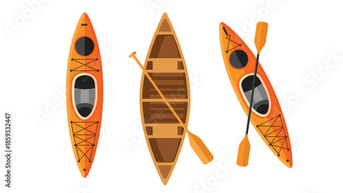 Various kayaks and a canoe with paddles, presented from a top-down view, perfect for illustrating water sports and outdoor adventure.