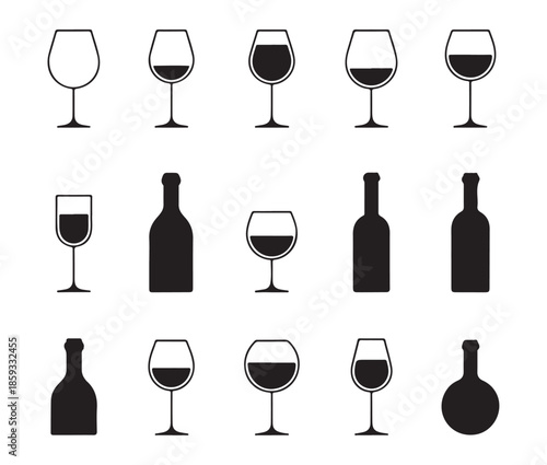 Various wine glasses and bottles arranged on white background vector illustration