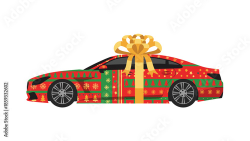 Modern red car wrapped in festive Christmas-themed gift paper with a large golden bow, perfect for holiday promotions or gift ideas.