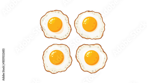 Four perfectly cooked fried eggs, sunny side up, displaying vibrant yolks and crispy edges, ideal for breakfast and culinary themes.