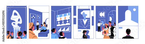 Set of people looking at exhibition of modern art. Men and women look at sculptures and pictures in museum. Visitors of contemporary drawings display are in gallery. Flat vector illustrations