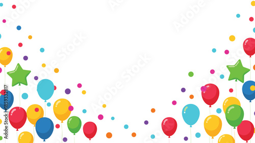 Vibrant upper and lower borders of colorful balloons and scattered confetti, creating a festive background for celebrations or events.