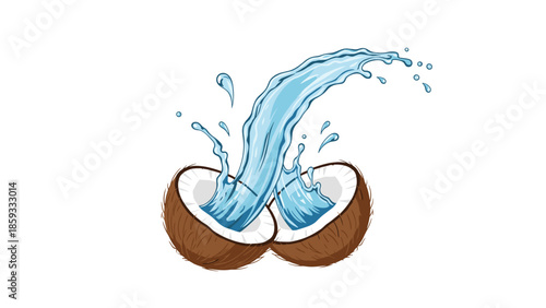 Two halves of a fresh coconut with refreshing blue water splashing out, symbolizing tropical drinks, hydration, and natural goodness.