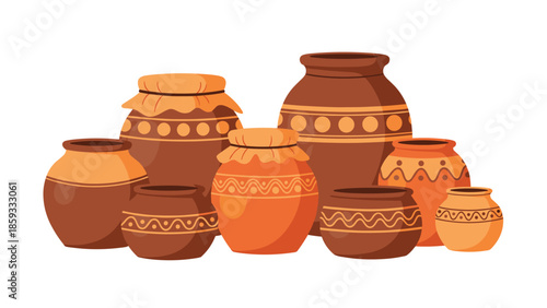 Assortment of rustic traditional clay pots and jars with simple patterns and fabric covers, reflecting ancient craftsmanship and storage.