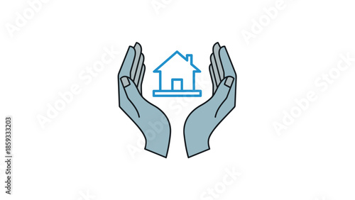 Two hands gently cupping a simple house outline, symbolizing home insurance, property care, real estate protection, and secure living.