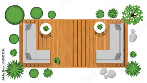 Top-down view of a spacious outdoor patio with wooden decking, L-shaped sofas, coffee tables, and lush green plants, perfect for backyard design.