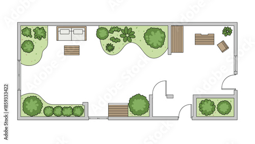 Detailed floor plan of a house with integrated garden areas, outdoor seating, and pathways, illustrating modern architectural and landscape design.